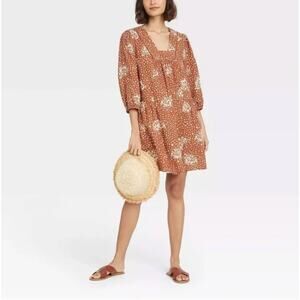 Knox Rose Small Women’s Dotted Floral Rayon Rust Brown Puff Sleeve Dress